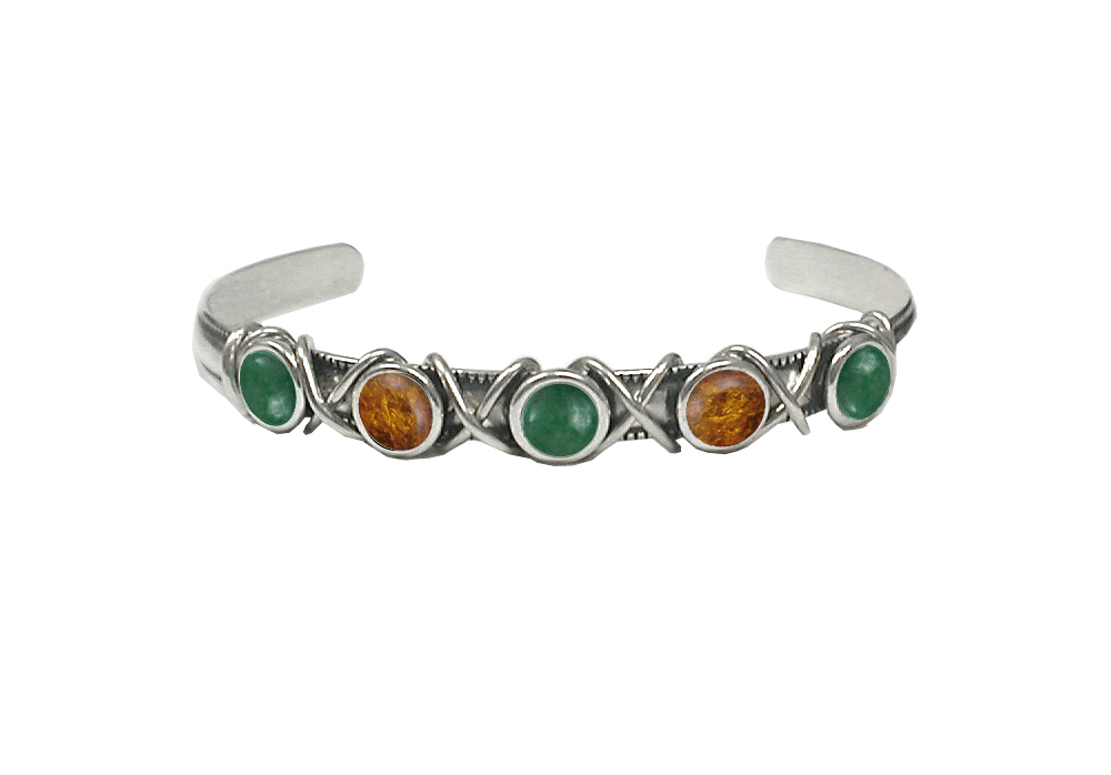 Sterling Silver Cuff Bracelet With Jade And Amber